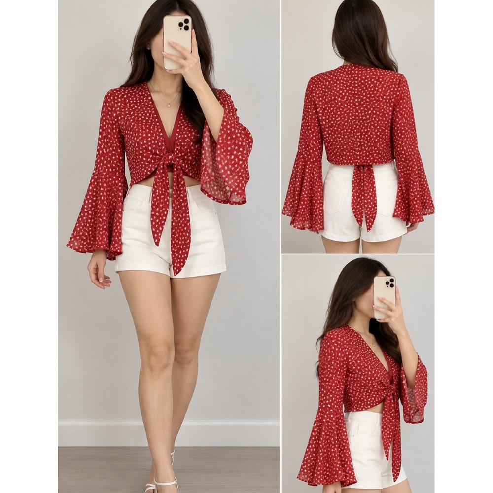 Urban Outfitters Red Star Print Tie Front Bell Sleeve Crop Top Blouse XS